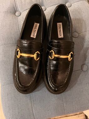 Steve Madden Black Patent Leather Loafers with Gold Hardware